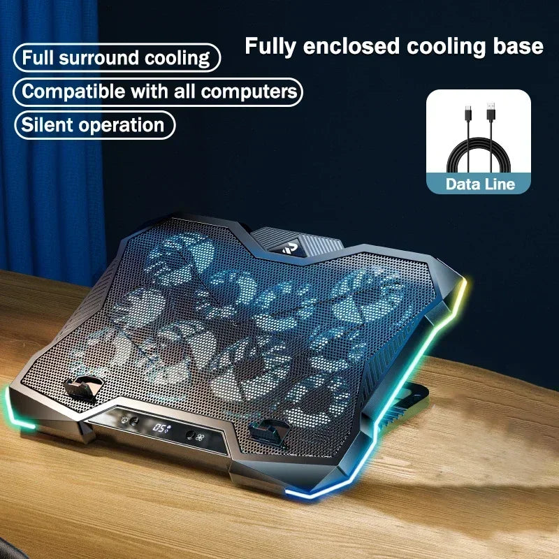 D11 Gaming Laptop Cooler 10 Fans Foldable Adjustable Notebook Stand Heat Dissipation Holder for 12-18'' Cooling Pad W/ RGB Light
