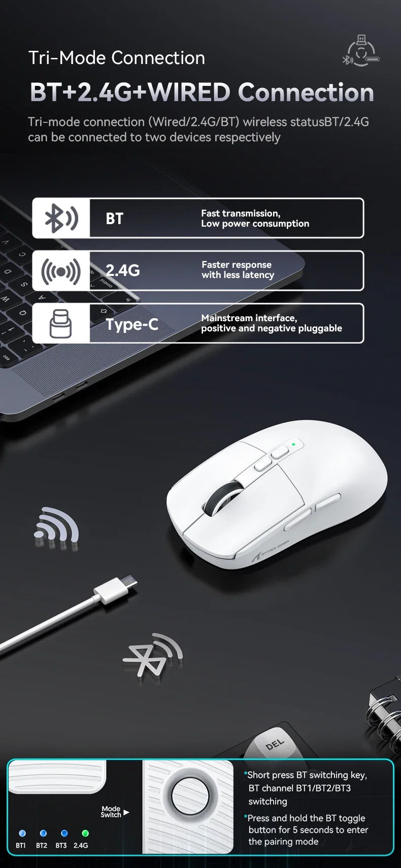 Attack Shark X6 PAW3395 Bluetooth Gaming Mouse , Tri-Mode Connection, RGB Touch Magnetic Charging Base, Macro Gaming Mouse