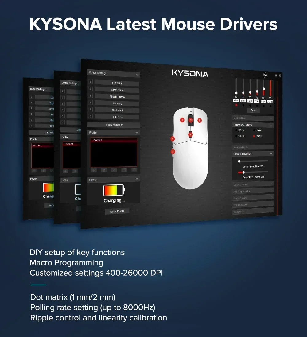 Kysona M617 8khz Wireless Bluetooth Lightweight Gaming Mouse PAW3395 26000DPI Low Latency Rechargeable Wired Gaming Mouse