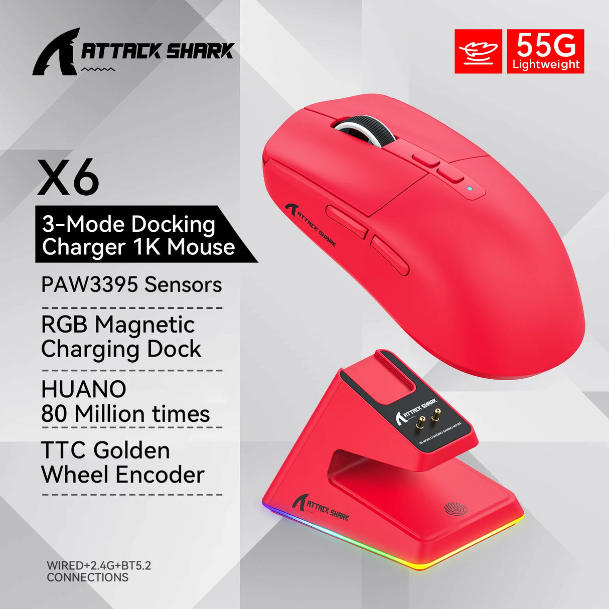 Attack Shark X6 PAW3395 Bluetooth Gaming Mouse , Tri-Mode Connection, RGB Touch Magnetic Charging Base, Macro Gaming Mouse