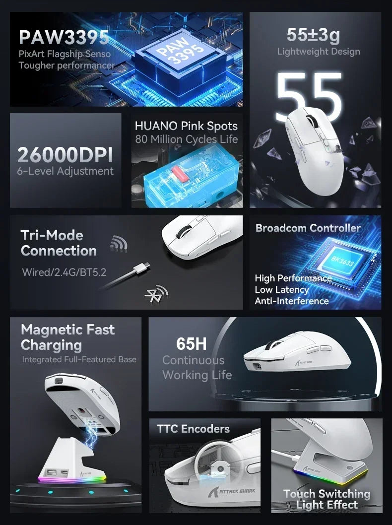 Attack Shark X6 PAW3395 Bluetooth Gaming Mouse , Tri-Mode Connection, RGB Touch Magnetic Charging Base, Macro Gaming Mouse