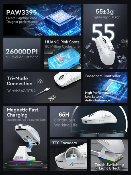 Attack Shark X6 PAW3395 Bluetooth Gaming Mouse , Tri-Mode Connection, RGB Touch Magnetic Charging Base, Macro Gaming Mouse