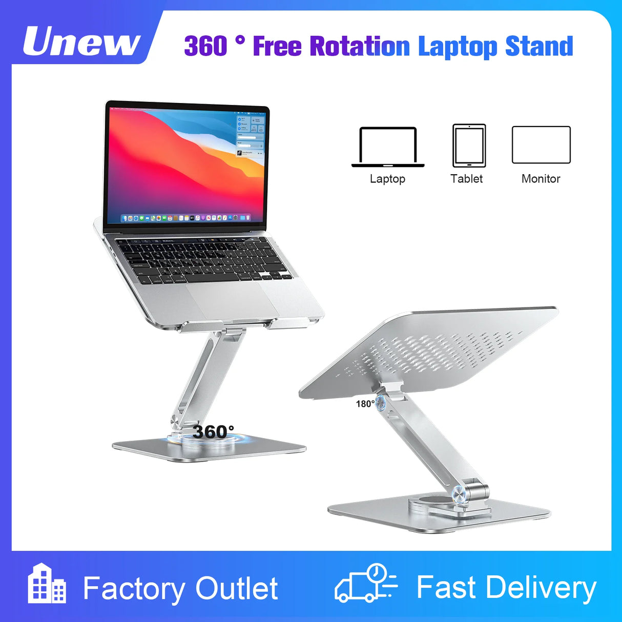 Premium Aluminum Laptop Stand: 360° Adjustable Rotation & Anti-Slip Silicone Base for Ergonomic Workspace Stability ﻿