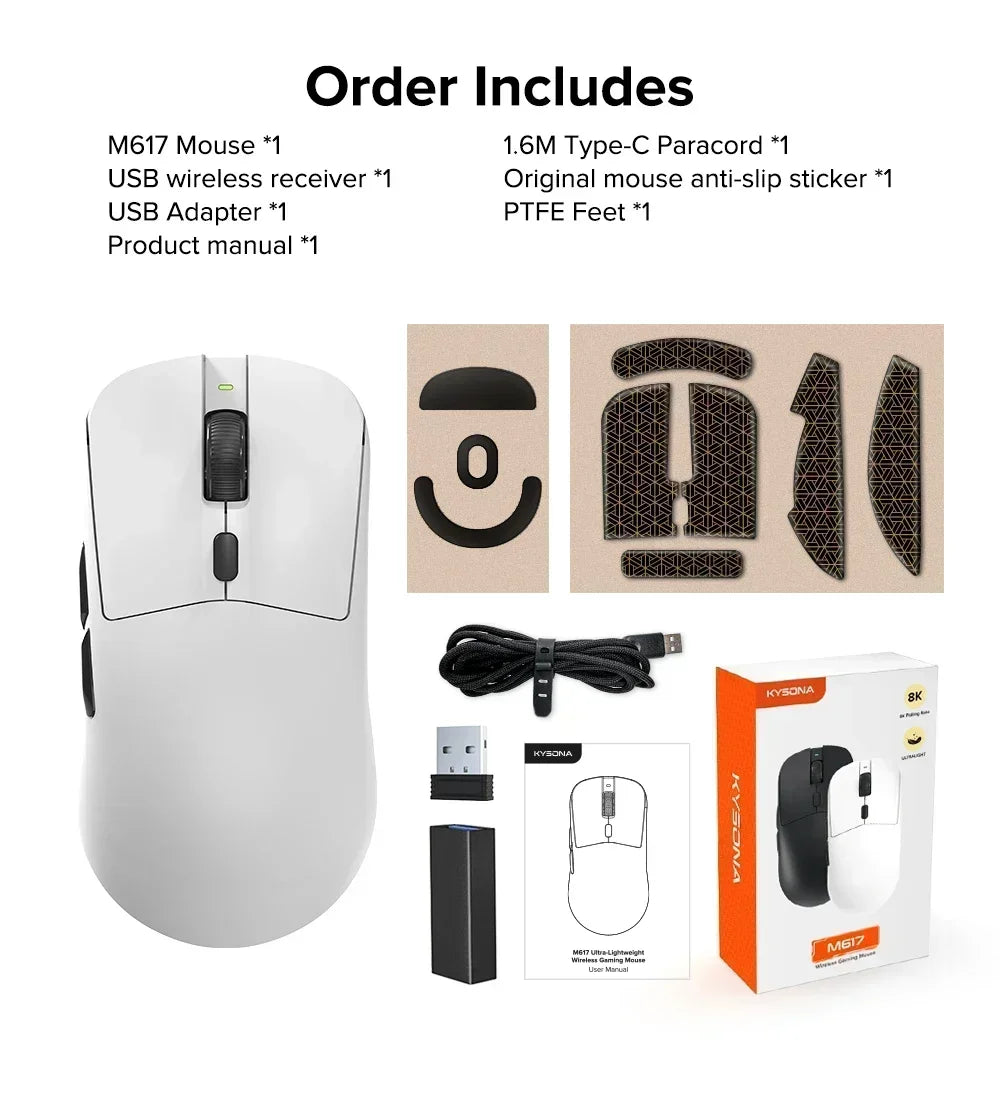 Kysona M617 8khz Wireless Bluetooth Lightweight Gaming Mouse PAW3395 26000DPI Low Latency Rechargeable Wired Gaming Mouse