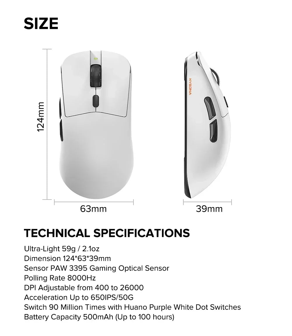 Kysona M617 8khz Wireless Bluetooth Lightweight Gaming Mouse PAW3395 26000DPI Low Latency Rechargeable Wired Gaming Mouse