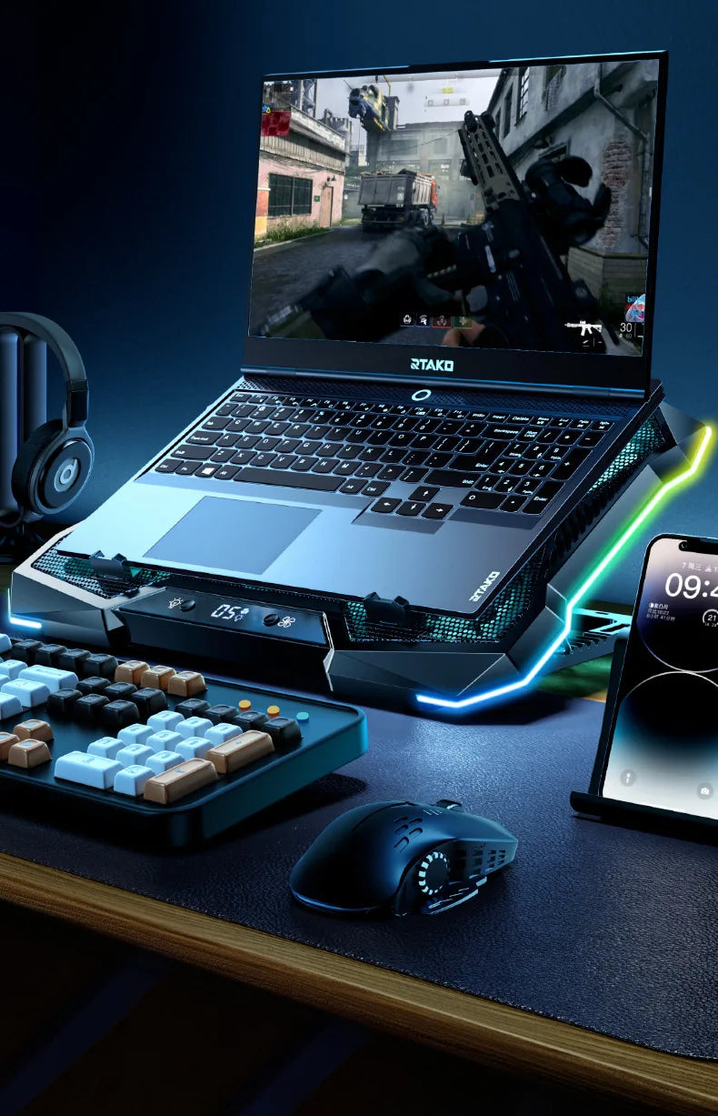 D11 Gaming Laptop Cooler 10 Fans Foldable Adjustable Notebook Stand Heat Dissipation Holder for 12-18'' Cooling Pad W/ RGB Light