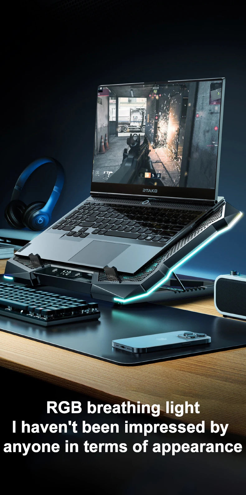 D11 Gaming Laptop Cooler 10 Fans Foldable Adjustable Notebook Stand Heat Dissipation Holder for 12-18'' Cooling Pad W/ RGB Light