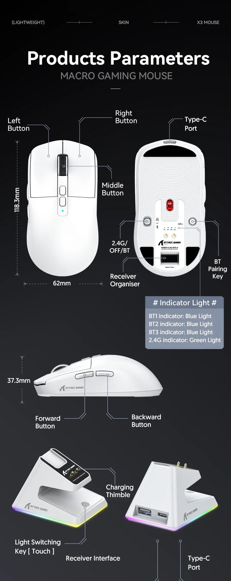 Attack Shark X6 PAW3395 Bluetooth Gaming Mouse , Tri-Mode Connection, RGB Touch Magnetic Charging Base, Macro Gaming Mouse