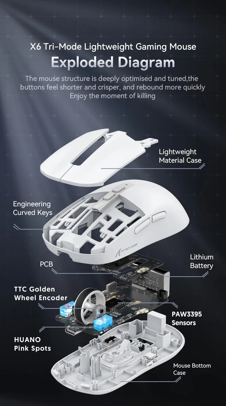 Attack Shark X6 PAW3395 Bluetooth Gaming Mouse , Tri-Mode Connection, RGB Touch Magnetic Charging Base, Macro Gaming Mouse