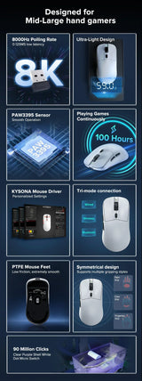 Kysona M617 8khz Wireless Bluetooth Lightweight Gaming Mouse PAW3395 26000DPI Low Latency Rechargeable Wired Gaming Mouse