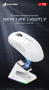 Attack Shark X6 PAW3395 Bluetooth Gaming Mouse , Tri-Mode Connection, RGB Touch Magnetic Charging Base, Macro Gaming Mouse