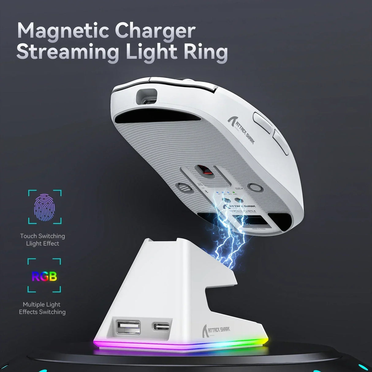 Attack Shark X6 PAW3395 Bluetooth Gaming Mouse , Tri-Mode Connection, RGB Touch Magnetic Charging Base, Macro Gaming Mouse