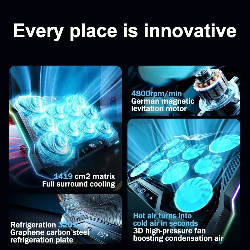 D11 Gaming Laptop Cooler 10 Fans Foldable Adjustable Notebook Stand Heat Dissipation Holder for 12-18'' Cooling Pad W/ RGB Light
