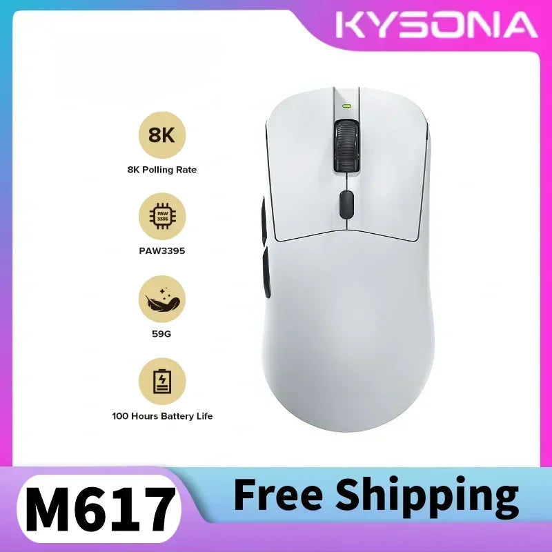 Kysona M617 8khz Wireless Bluetooth Lightweight Gaming Mouse PAW3395 26000DPI Low Latency Rechargeable Wired Gaming Mouse