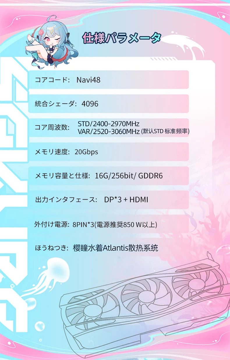 Yeston RX 9070XT-16G GDDR6 256bit Graphics Card 20Gbps 2518MHz Navi48/4nm  Sakura Eye Water Atlantis OC