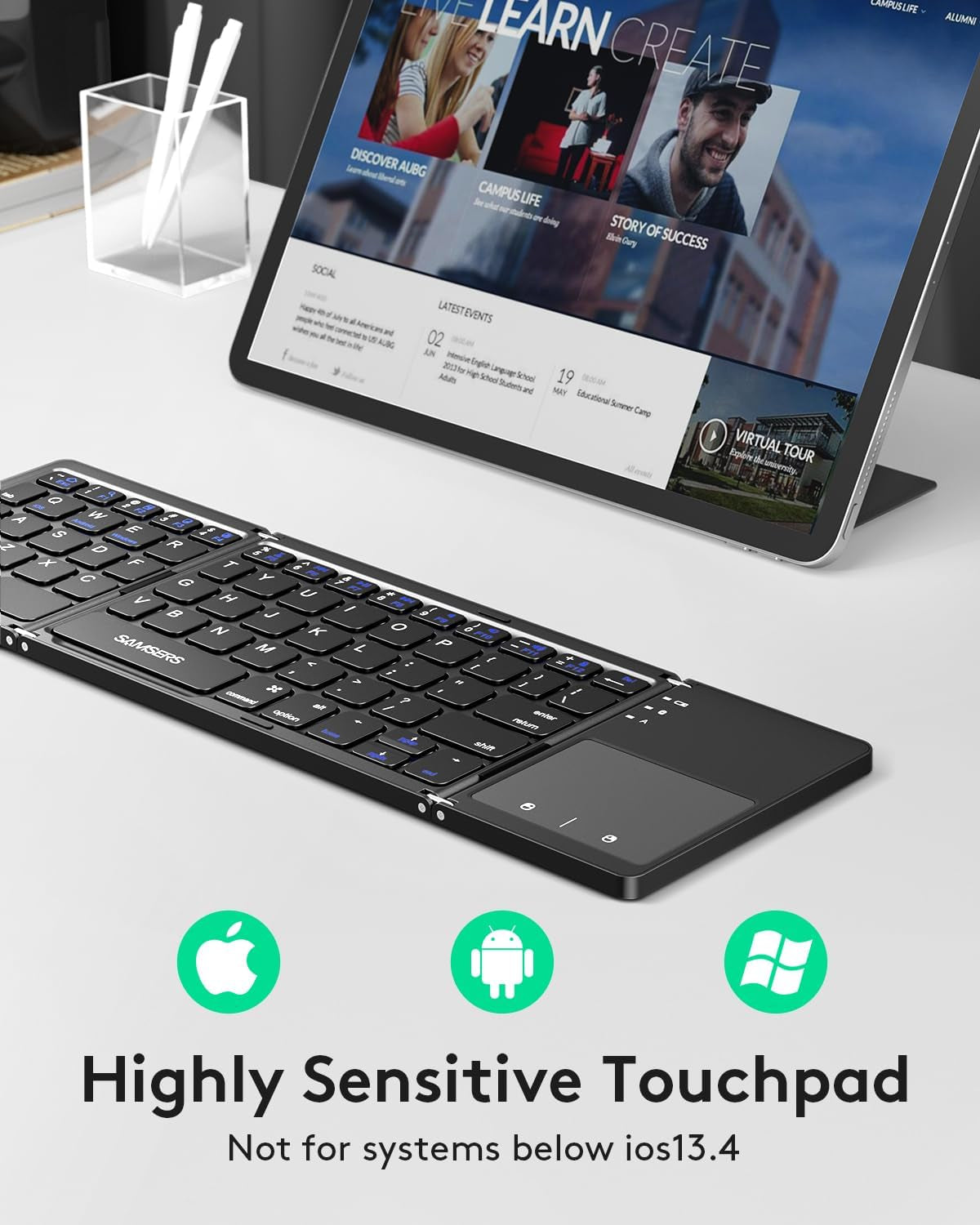 Foldable Bluetooth Keyboard with Touchpad - Portable Wireless Keyboard with Holder, Rechargeable Full Size Ultra Slim Pocket Folding Keyboards for Android Windows Ios Tablet & Laptop - Black