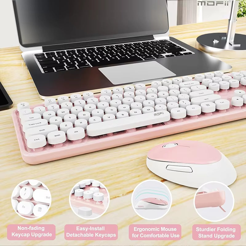 Ergonomic 104 Keys Full Size round Retro Keycaps Wireless Keyboard and Mouse Set 2.4G Wireless Keyboard Mouse Combo for Desktop