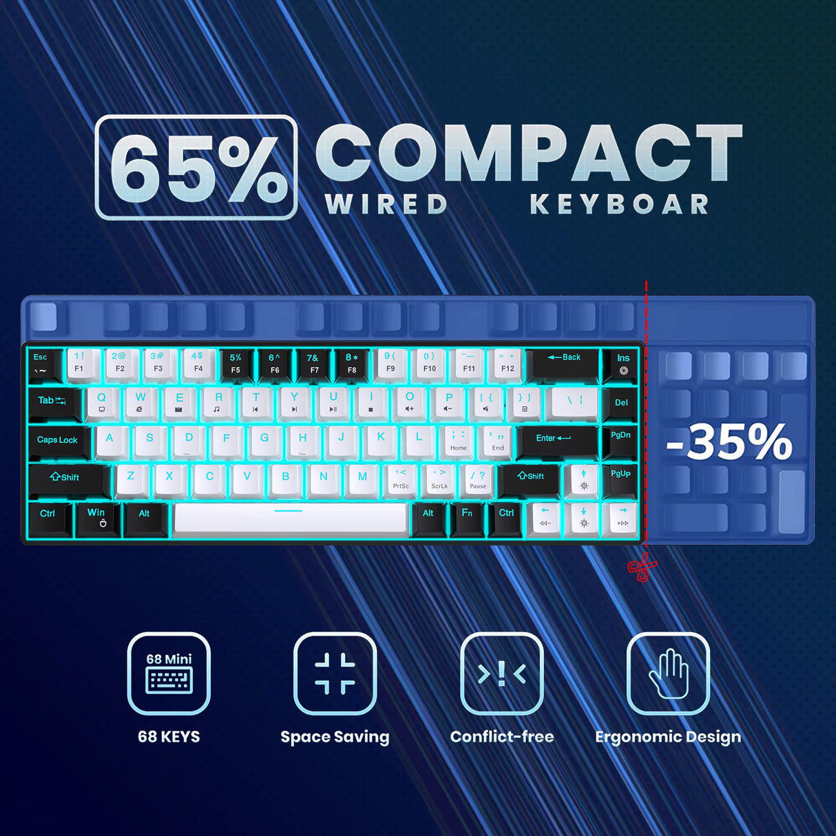 Hot Sale  V800 68 Key Wired Keyboard Hot Swappable Switch Ergonomic Ice Blue Backlight Durability Gaming Mechanical Keyboard
