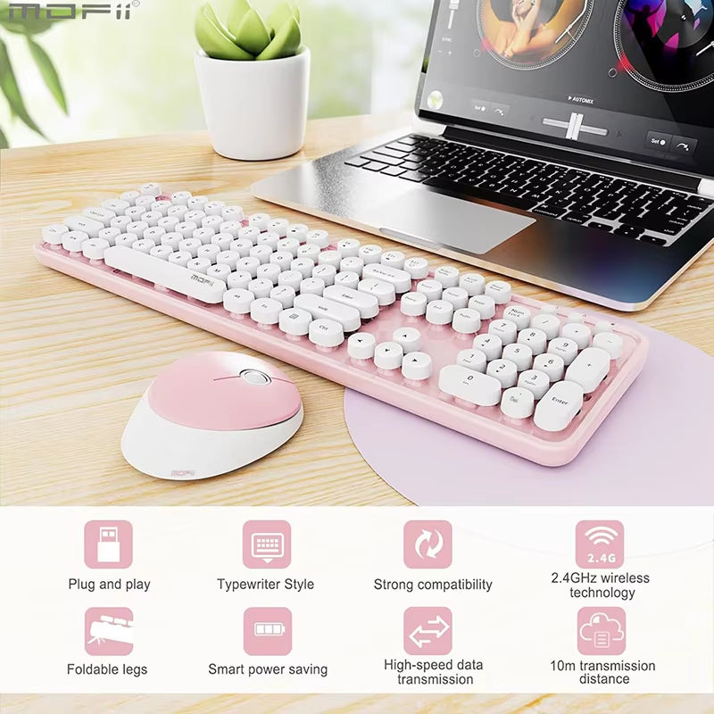 Ergonomic 104 Keys Full Size round Retro Keycaps Wireless Keyboard and Mouse Set 2.4G Wireless Keyboard Mouse Combo for Desktop