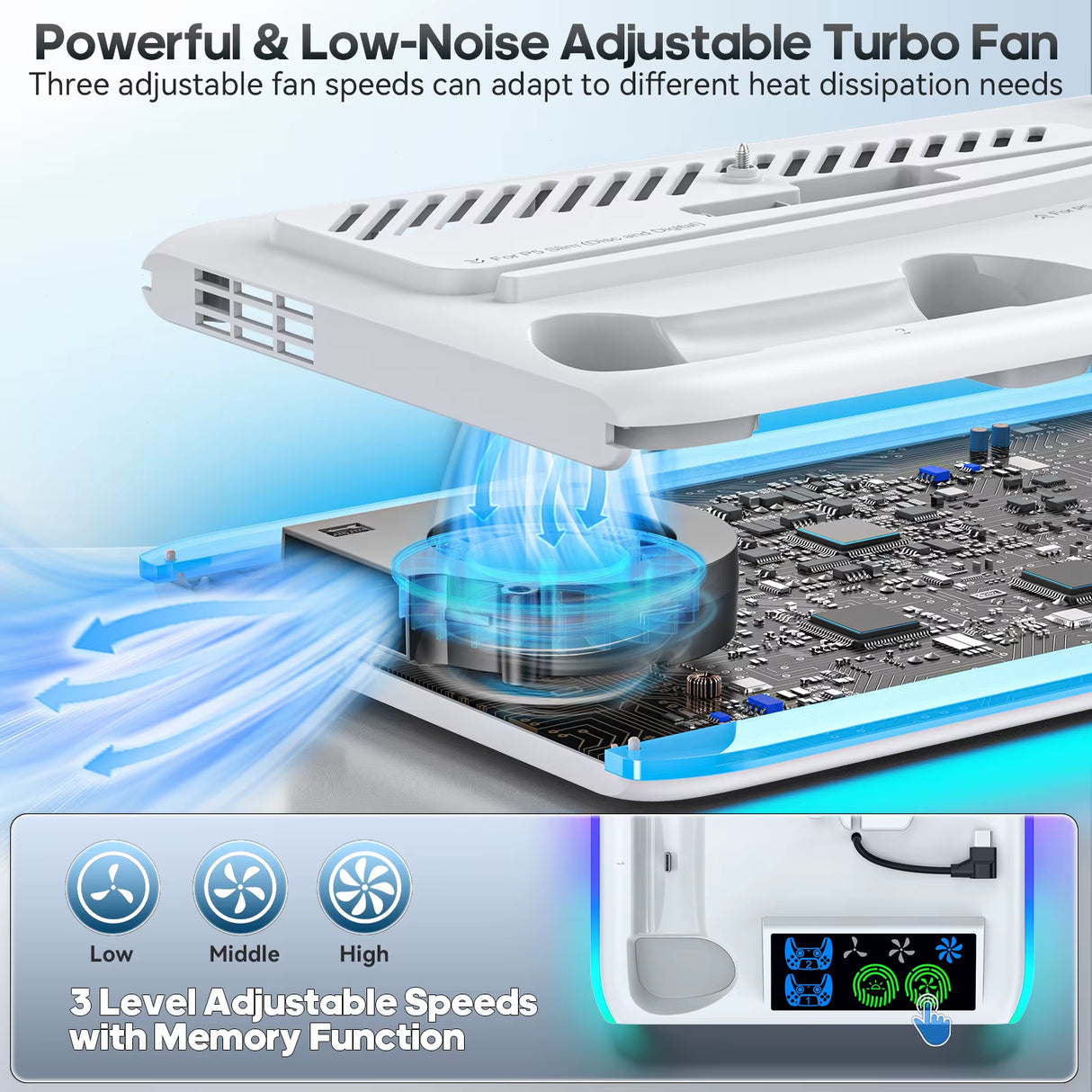 For PS5/PS5 Slim/Ps5 Pro Stand with Headphone Hook Cooling Stand & Controller Charging Station for PS5 with 3 Levels Cooling Fan