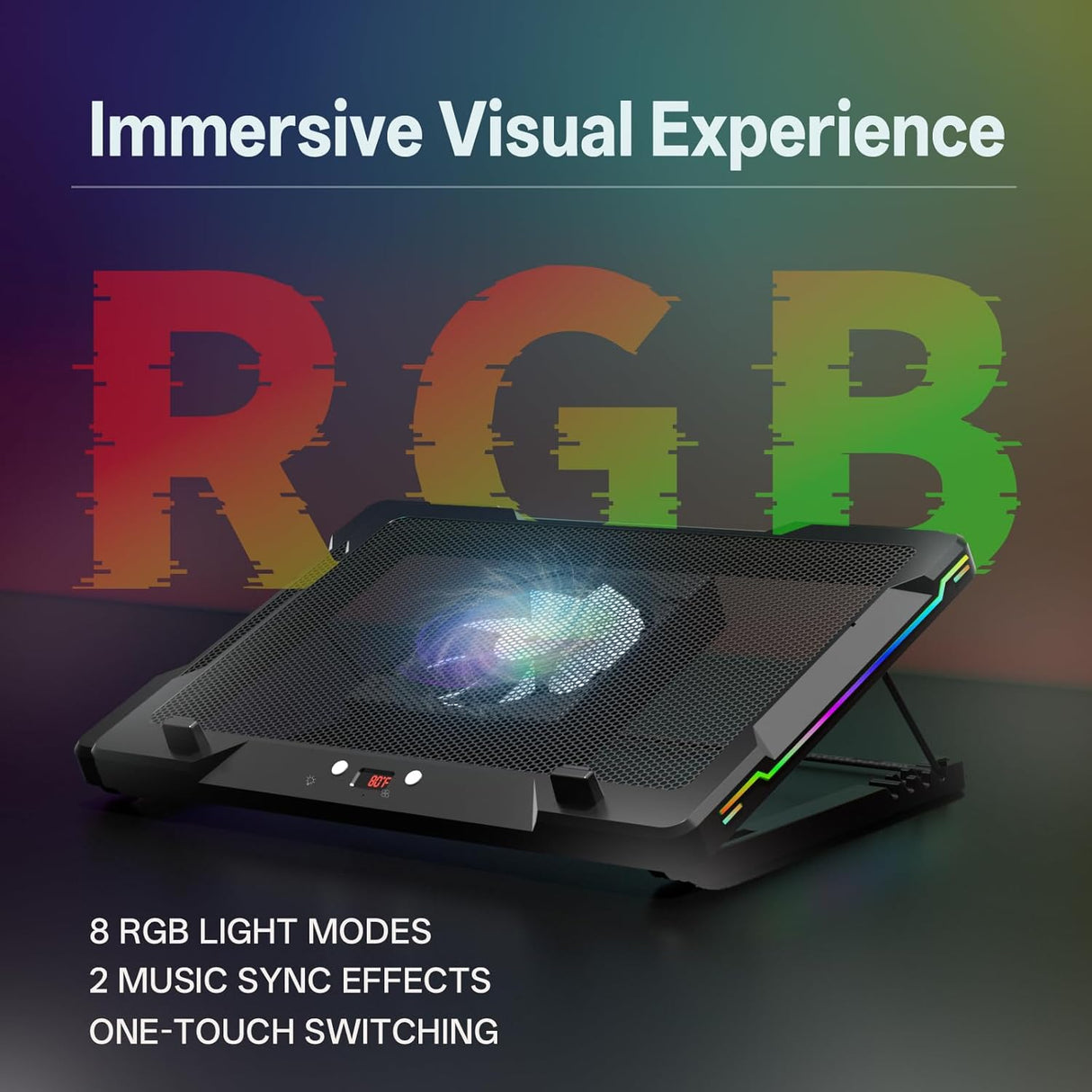 Movable RGB Laptop Cooler with 5.5" Sliding Fan, Ergonomic Cooling Stand with 8 Light Modes for 14-17.3 Inch Gaming Laptops