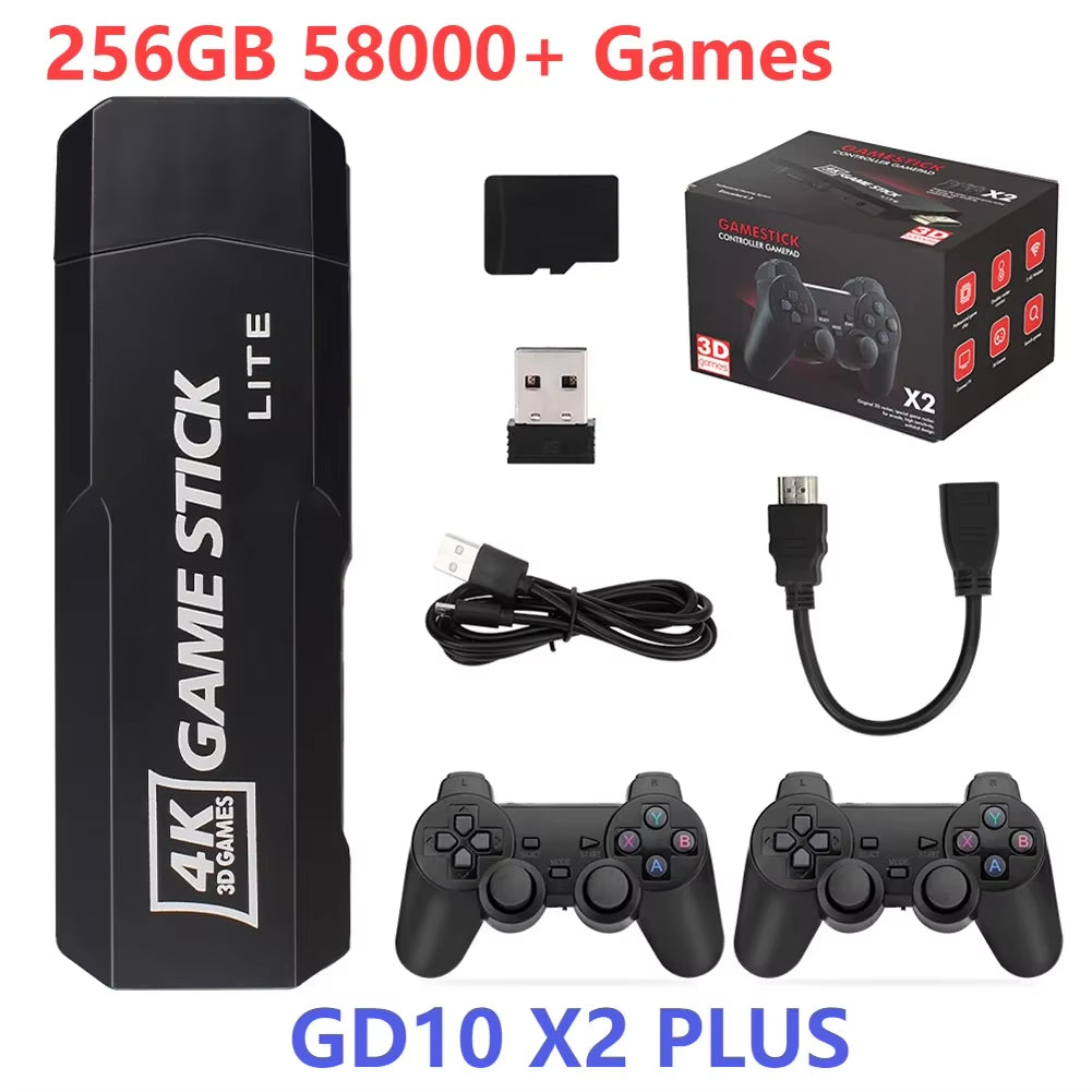 GD10 X2 plus Game Stick 4K HD Retro Video Game Console Wireless Controllers 64/128/256GB Built-In 58000 Games Support TF Card
