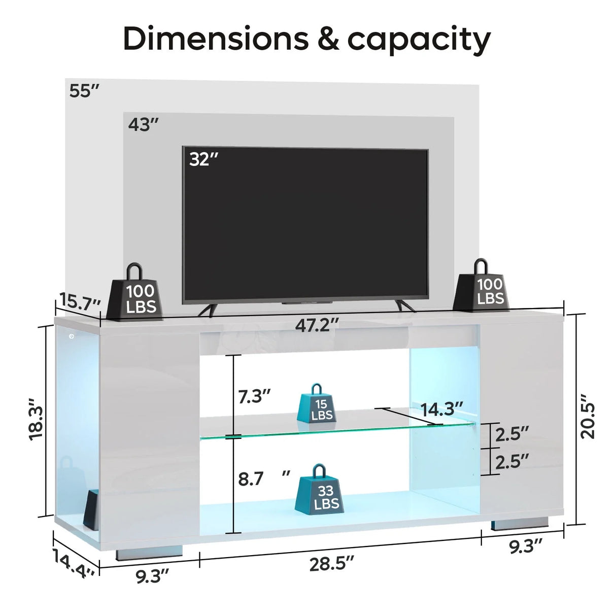 47'' TV Stand for Tvs up to 55", Gaming Entertainment Center with LED Lights, White