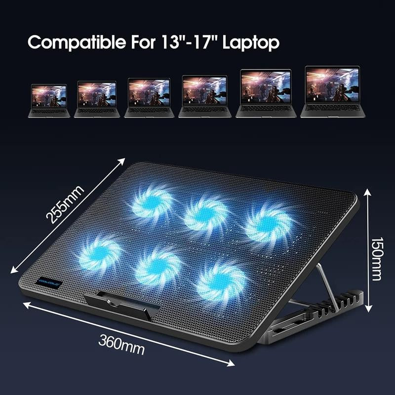 15.6-17.3Inch Laptop Cooling Pad with 6 Quiet Fans,7 Height & Wind Speed Adjusta