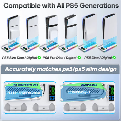 For PS5/PS5 Slim/Ps5 Pro Stand with Headphone Hook Cooling Stand & Controller Charging Station for PS5 with 3 Levels Cooling Fan