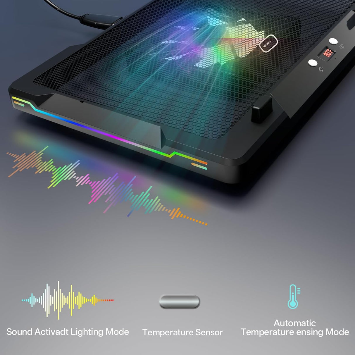 Movable RGB Laptop Cooler with 5.5" Sliding Fan, Ergonomic Cooling Stand with 8 Light Modes for 14-17.3 Inch Gaming Laptops