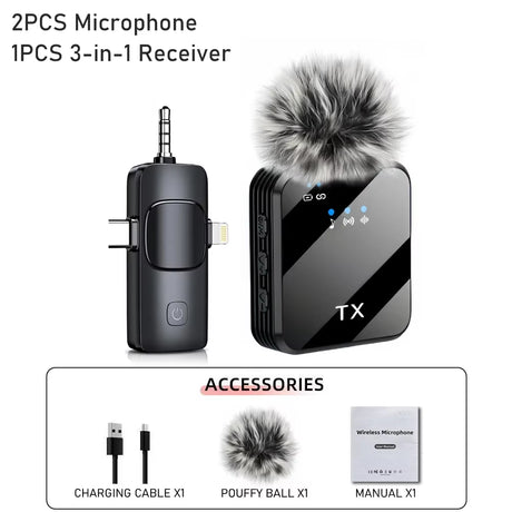 3 In1Microphone for Ios/Android Wireless Lavalier Microphone, Video Recording Noise Reduction, Live Streaming Clip-On Microphone
