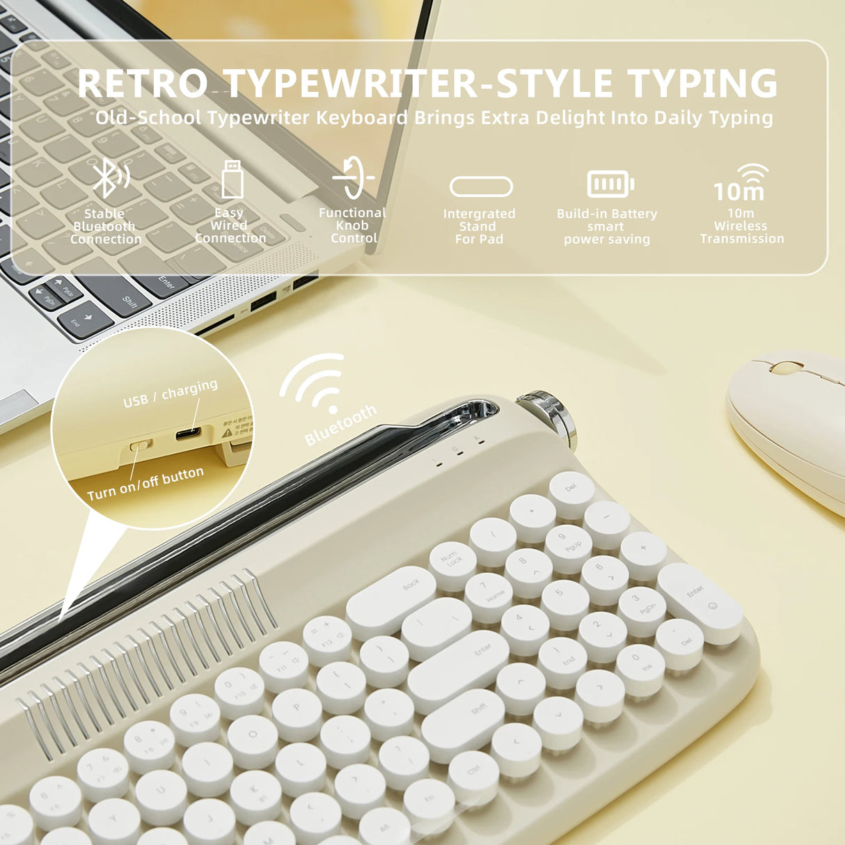 B309 Sand Beige Upgraded Retro Wireless Usb-C/Bluetooth Typewriter Keyboard with Cute round Keycaps&Integrated Stands